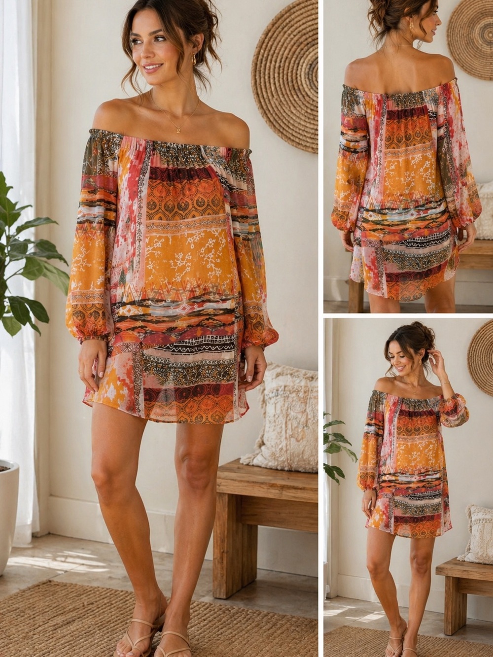 Silk Flowy Artsy Boho Off-Shoulder Miniโ Dress by Lavender Brown Size Small